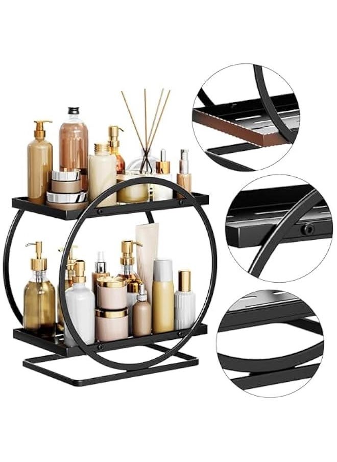 2 Tier Perfume Organizer, Bathroom Organizer Countertop, Dresser Makeup Vanity Skincare Storage Tray Shelf Rack Senior Room Decor Aesthetic Display Accessories (Black)