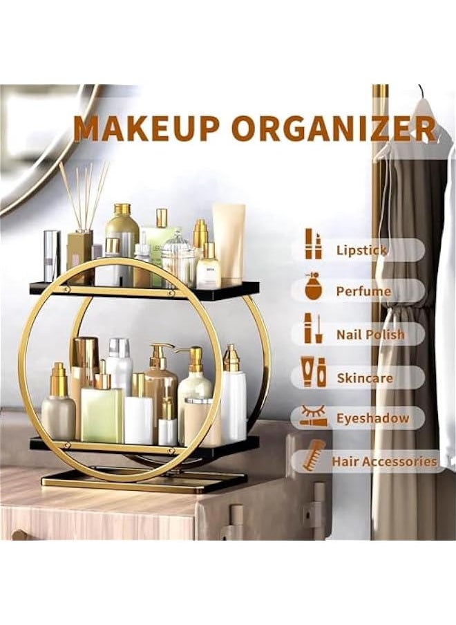 Makeup Organizer for Vanity, Black Gold Perfume Organizer for Dresser- 2 Tier Skincare Organizers Bathroom Countertop Organizer, Make Up Counter Shelf Cosmetic Display Tray (55-02)