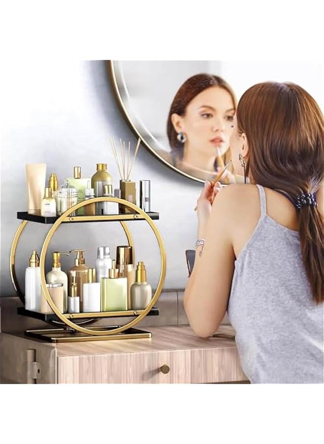 Makeup Organizer for Vanity, Black Gold Perfume Organizer for Dresser- 2 Tier Skincare Organizers Bathroom Countertop Organizer, Make Up Counter Shelf Cosmetic Display Tray (55-02)