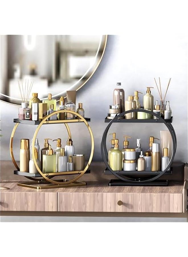 Makeup Organizer for Vanity, Black Gold Perfume Organizer for Dresser- 2 Tier Skincare Organizers Bathroom Countertop Organizer, Make Up Counter Shelf Cosmetic Display Tray (55-02)