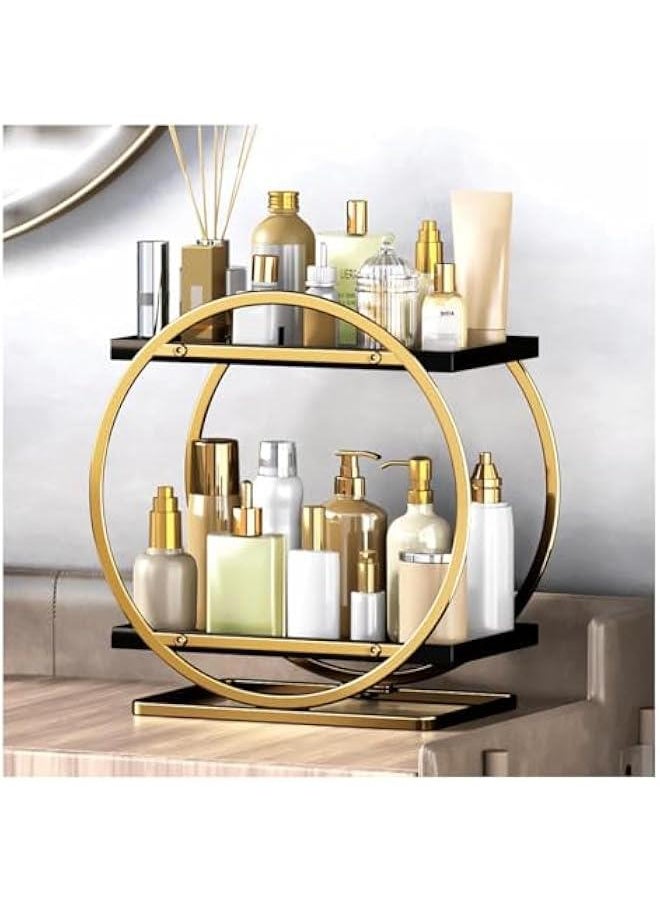 Makeup Organizer for Vanity, Black Gold Perfume Organizer for Dresser- 2 Tier Skincare Organizers Bathroom Countertop Organizer, Make Up Counter Shelf Cosmetic Display Tray (55-02)