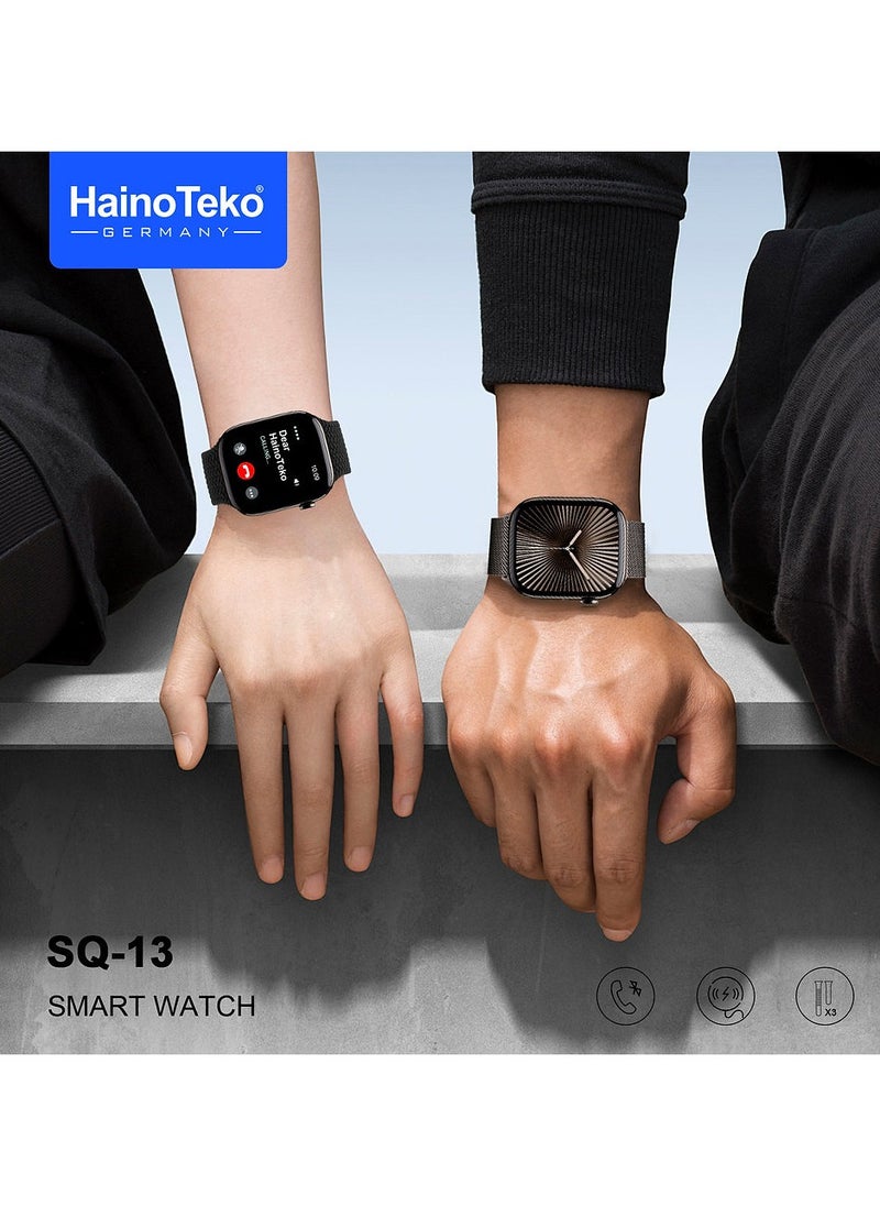 Haino Teko SQ-13 Series 10 Jet Black Smart Watch With Large Screen AMOLED Display AI Voice Assistance 3 Pair Straps and Charging Cable Black Designed for Ladies and Gents