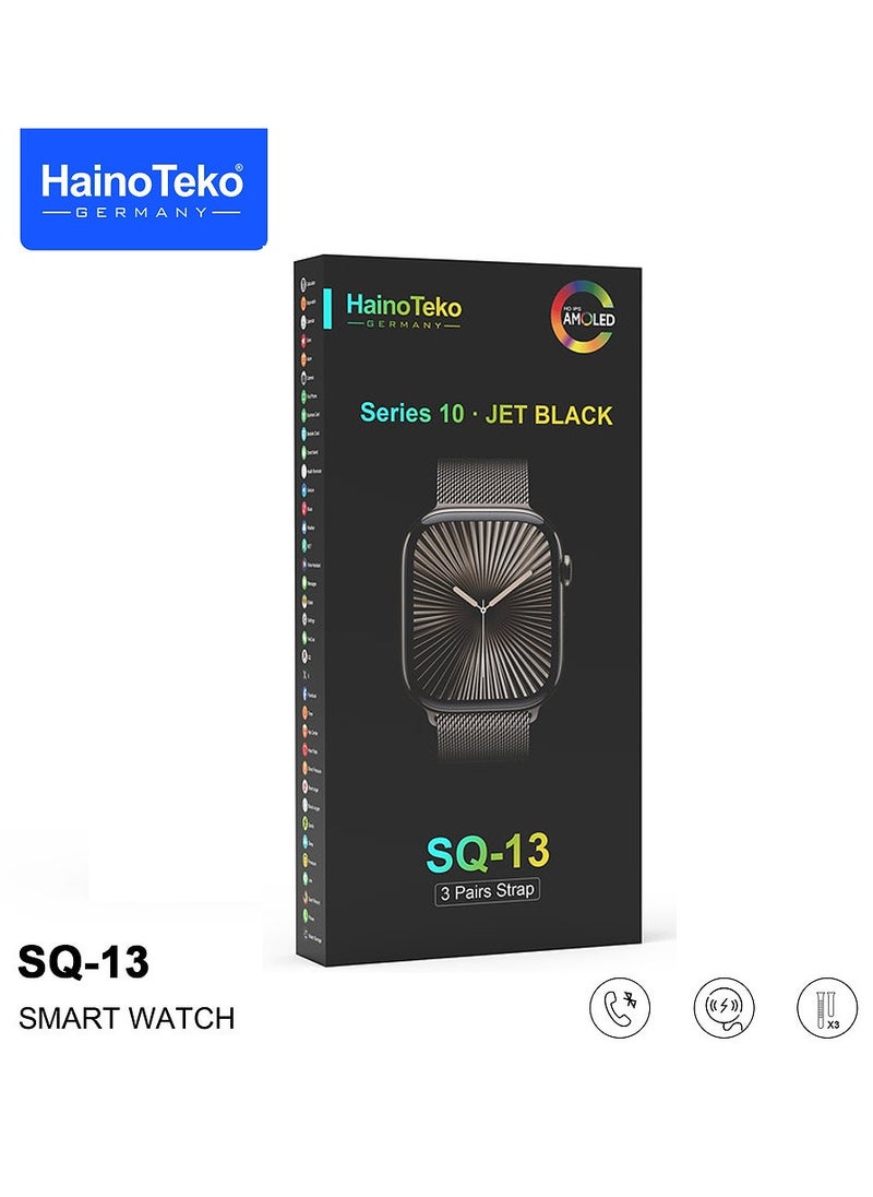 Haino Teko SQ-13 Series 10 Jet Black Smart Watch With Large Screen AMOLED Display AI Voice Assistance 3 Pair Straps and Charging Cable Black Designed for Ladies and Gents