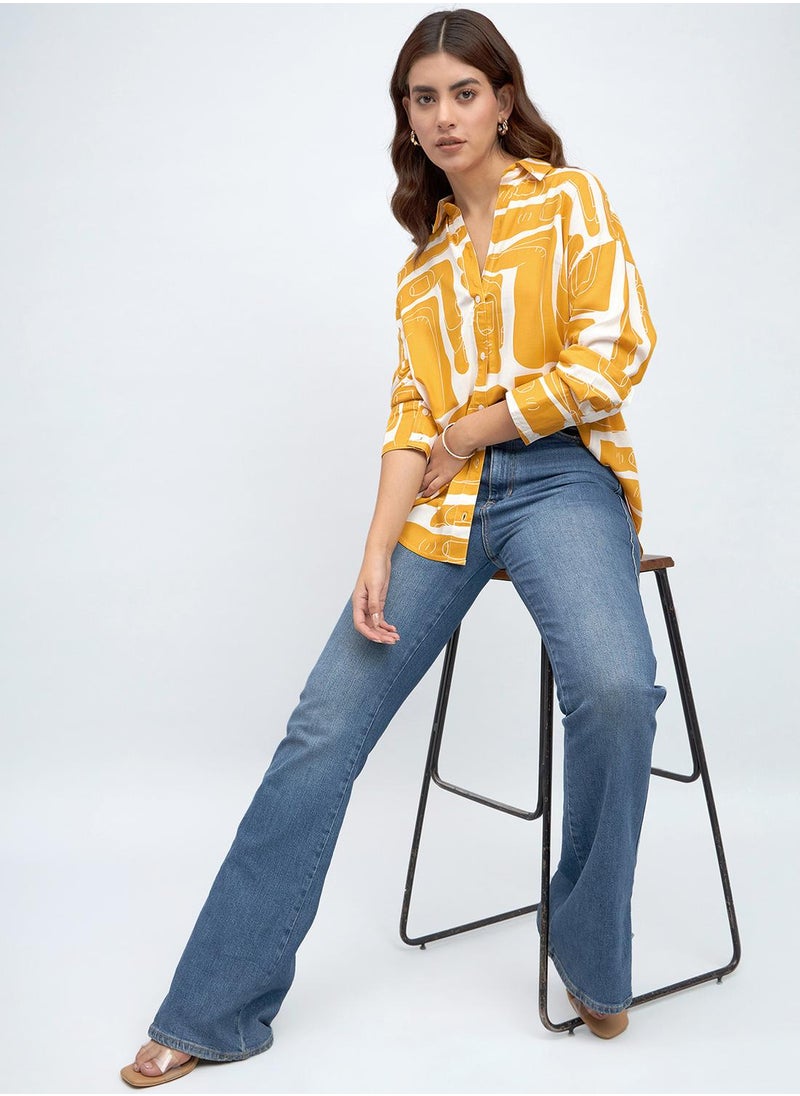 Mustard Relaxed Fit Printed Shirt for Women - Rayon, Full Sleeves, Shirt Collar, Casual, Wash Care