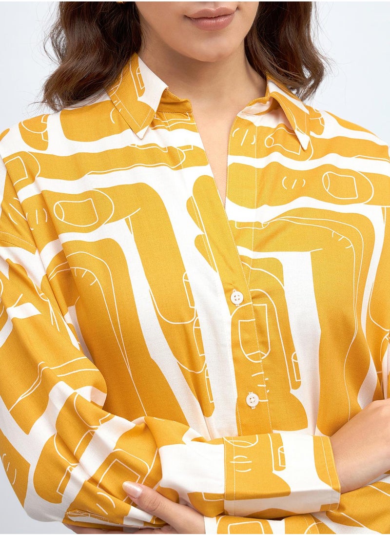 Mustard Relaxed Fit Printed Shirt for Women - Rayon, Full Sleeves, Shirt Collar, Casual, Wash Care