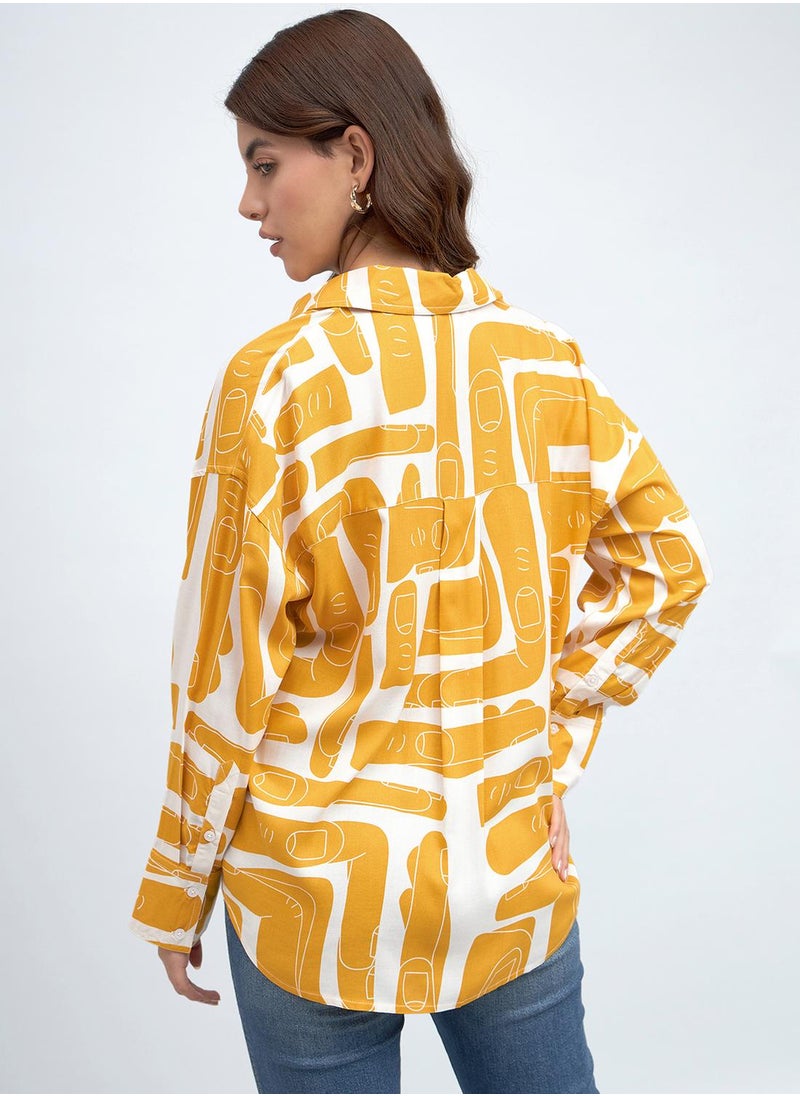 Mustard Relaxed Fit Printed Shirt for Women - Rayon, Full Sleeves, Shirt Collar, Casual, Wash Care