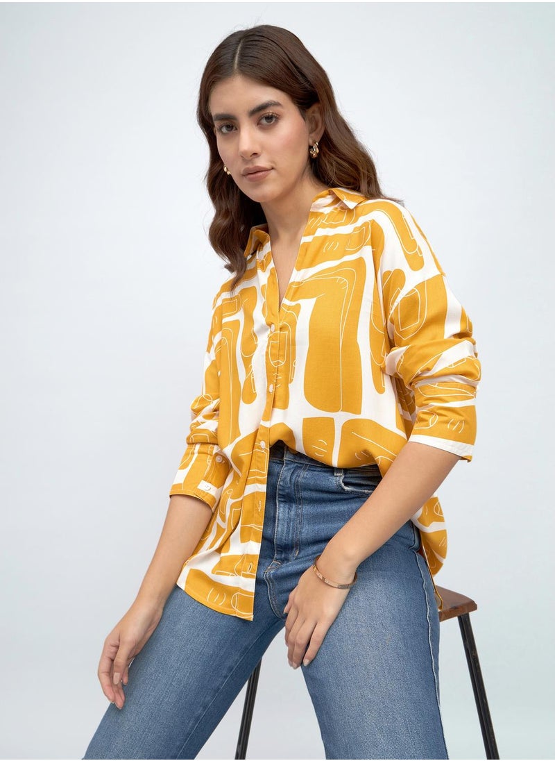 Mustard Relaxed Fit Printed Shirt for Women - Rayon, Full Sleeves, Shirt Collar, Casual, Wash Care