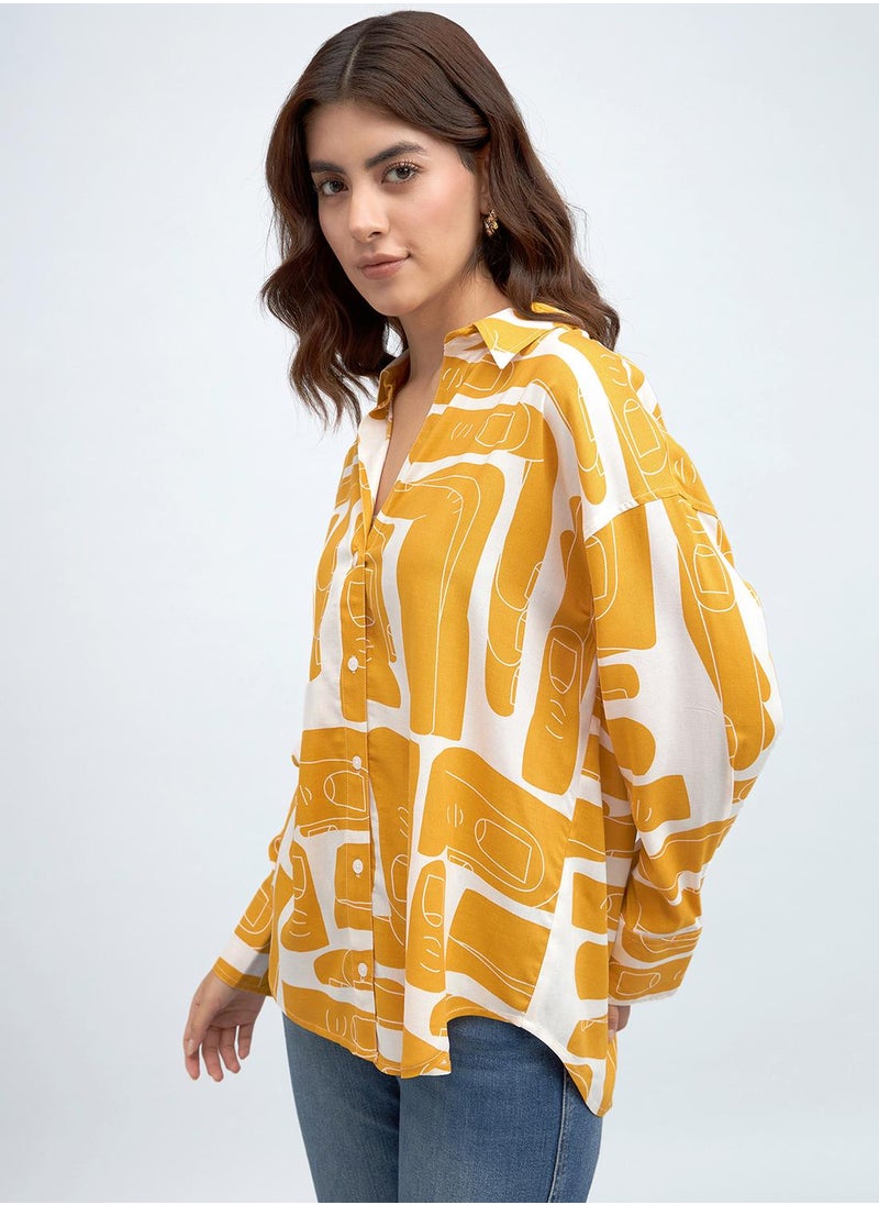 Mustard Relaxed Fit Printed Shirt for Women - Rayon, Full Sleeves, Shirt Collar, Casual, Wash Care