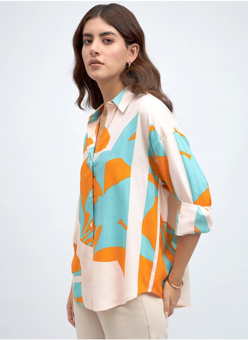 Sky Relaxed Fit Printed Shirt for Women - Rayon, Full Sleeves, Shirt Collar, Casual, Machine Wash