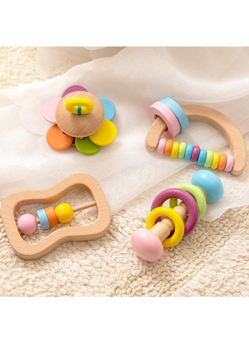 Organic Colorful Wooden Baby Rattles Set 4 Pcs Montessori Toys for Babies Rattle Soother Bracelet Teether Toys for Newborn Babies 0 to 12 Months Perfect Toddler Shower Gift