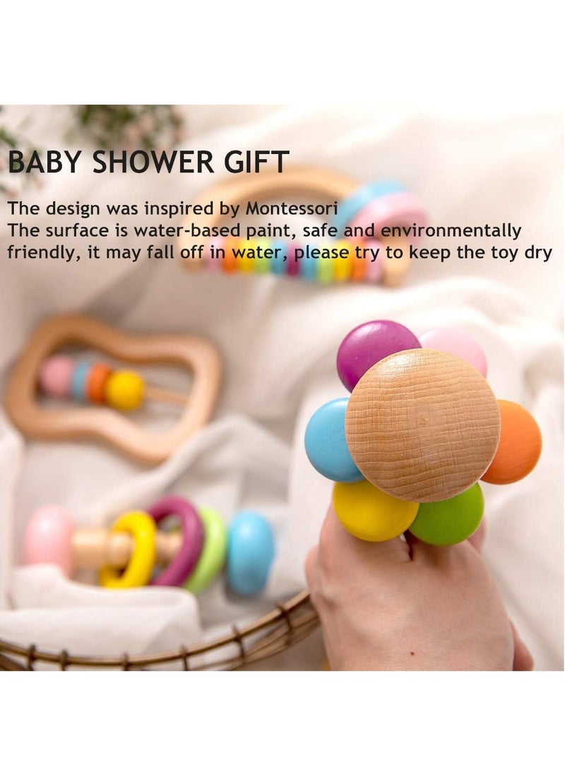 Organic Colorful Wooden Baby Rattles Set 4 Pcs Montessori Toys for Babies Rattle Soother Bracelet Teether Toys for Newborn Babies 0 to 12 Months Perfect Toddler Shower Gift