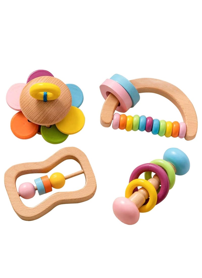 Organic Colorful Wooden Baby Rattles Set 4 Pcs Montessori Toys for Babies Rattle Soother Bracelet Teether Toys for Newborn Babies 0 to 12 Months Perfect Toddler Shower Gift