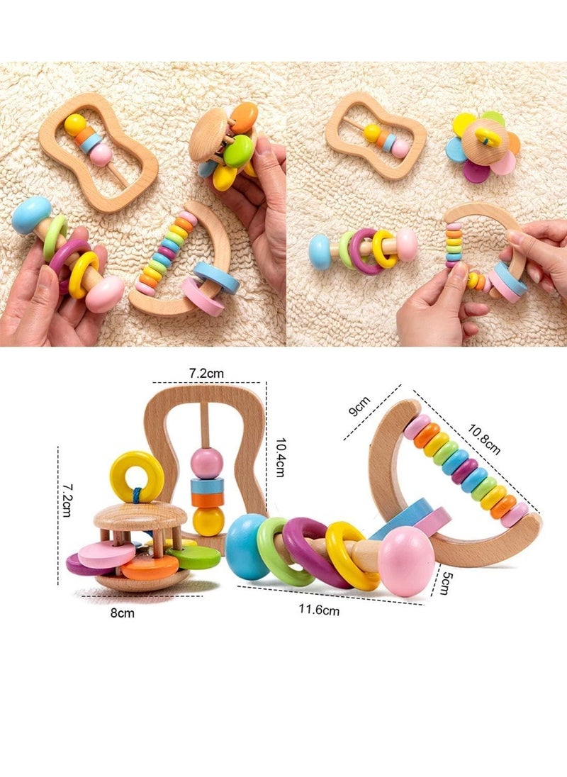 Organic Colorful Wooden Baby Rattles Set 4 Pcs Montessori Toys for Babies Rattle Soother Bracelet Teether Toys for Newborn Babies 0 to 12 Months Perfect Toddler Shower Gift