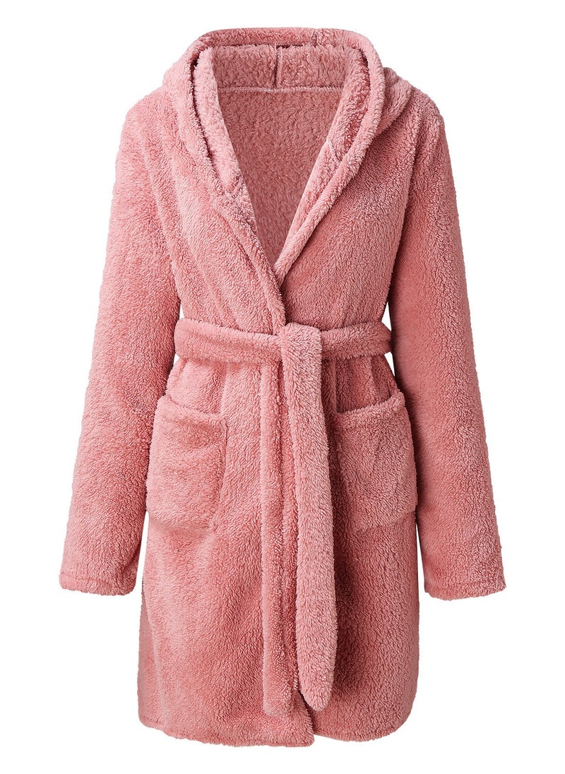 Women Hooded Bathrobe Fleece Lightweight Soft Plush Flannel Sleepwear Fleece Hooded Bathrobes Night Sleepwear Women's Mid Length Plush Robe