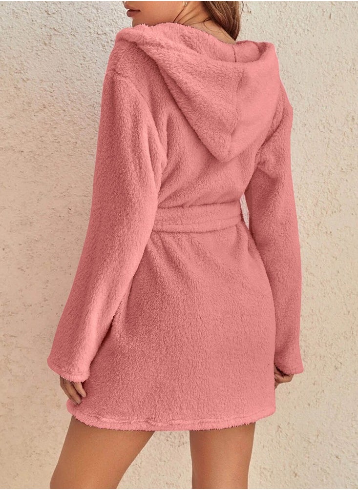 Women Hooded Bathrobe Fleece Lightweight Soft Plush Flannel Sleepwear Fleece Hooded Bathrobes Night Sleepwear Women's Mid Length Plush Robe