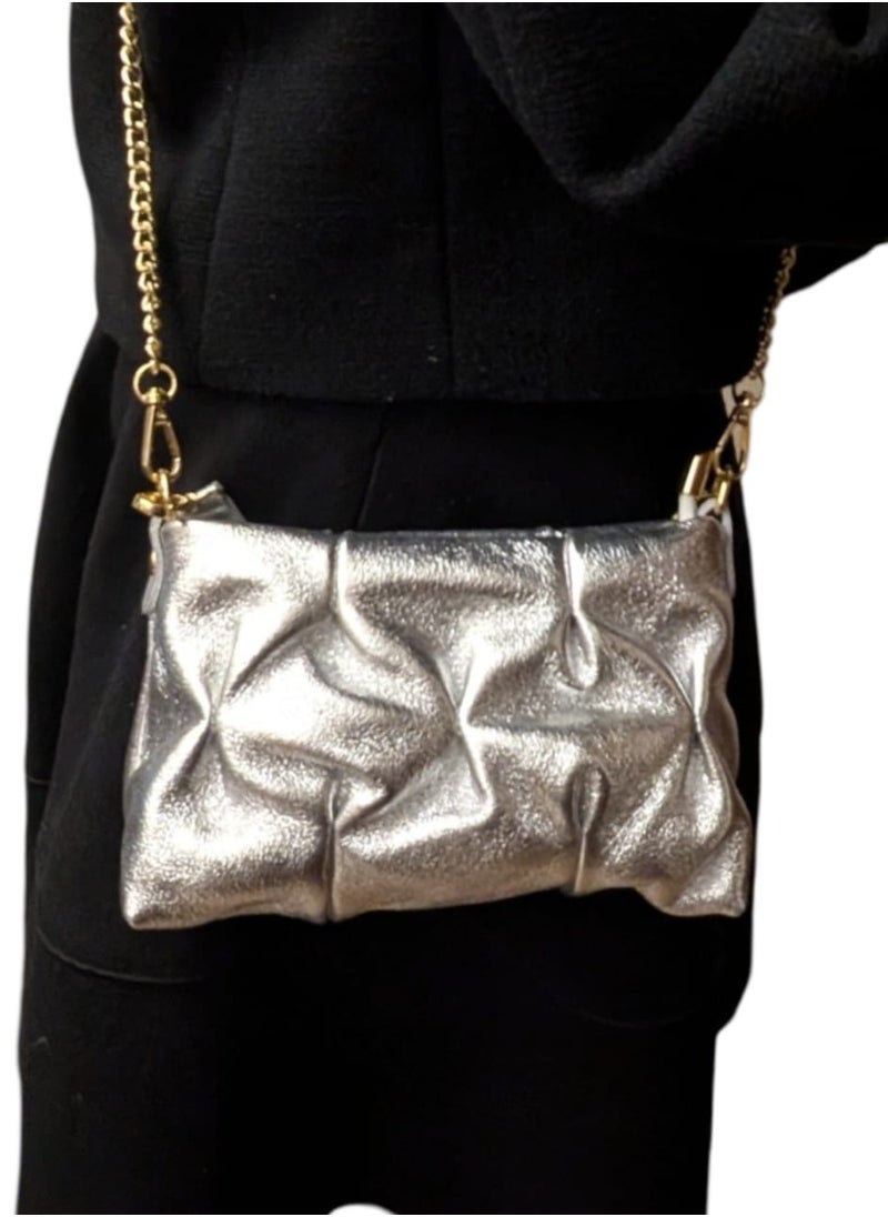 Silver shoulder bag in genuine printed suede leather, Made in Italy