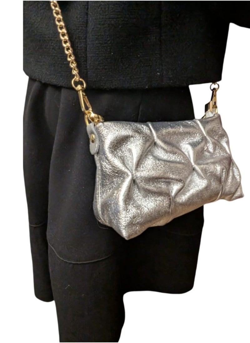 Silver shoulder bag in genuine printed suede leather, Made in Italy