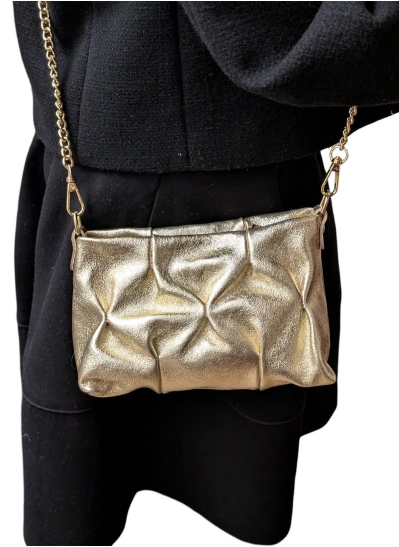 Gold shoulder bag in genuine printed suede leather, Made in Italy