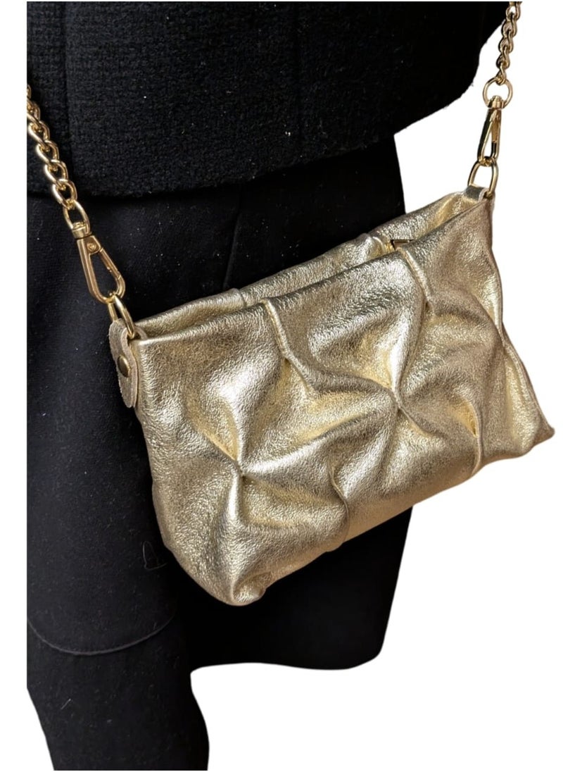 Gold shoulder bag in genuine printed suede leather, Made in Italy