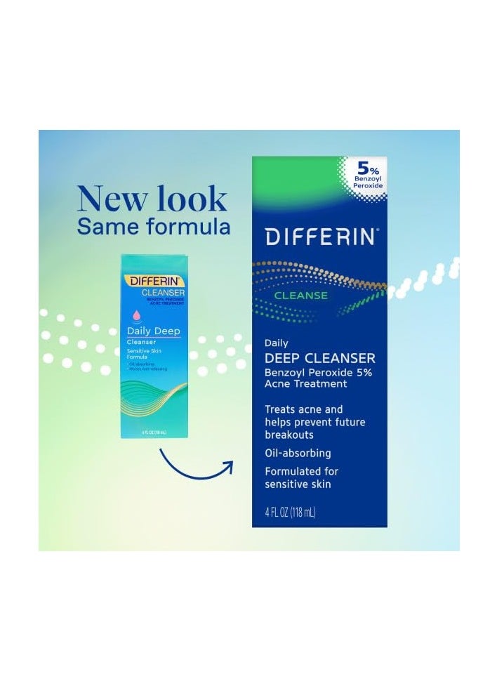 Differin Acne Face Wash with 5% Benzoyl Peroxide, Daily Deep Cleanser by the makers of Differin Gel, Gentle Skin Care for Acne Prone Sensitive Skin, 4 oz (Packaging May Vary)