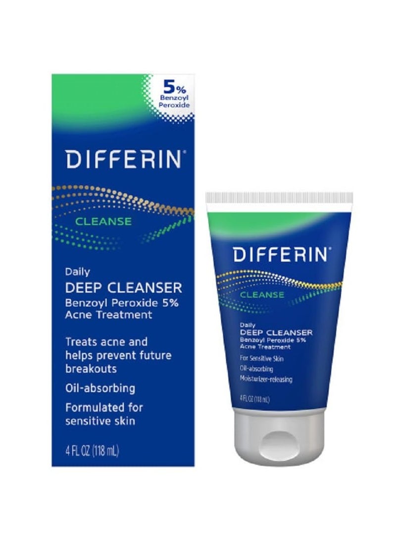 Differin Acne Face Wash with 5% Benzoyl Peroxide, Daily Deep Cleanser by the makers of Differin Gel, Gentle Skin Care for Acne Prone Sensitive Skin, 4 oz (Packaging May Vary)