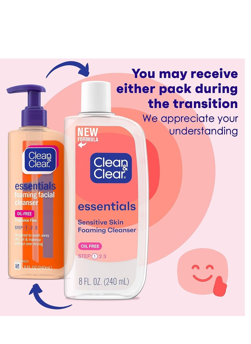 Clean & Clear Essentials Foaming Facial Cleanser, Oil-Free Daily Face Wash with Glycerin to Remove Acne Breakout-Causing Dirt, Oil & Makeup Without Over-Drying, 8 Fl Oz (Packaging may vary)