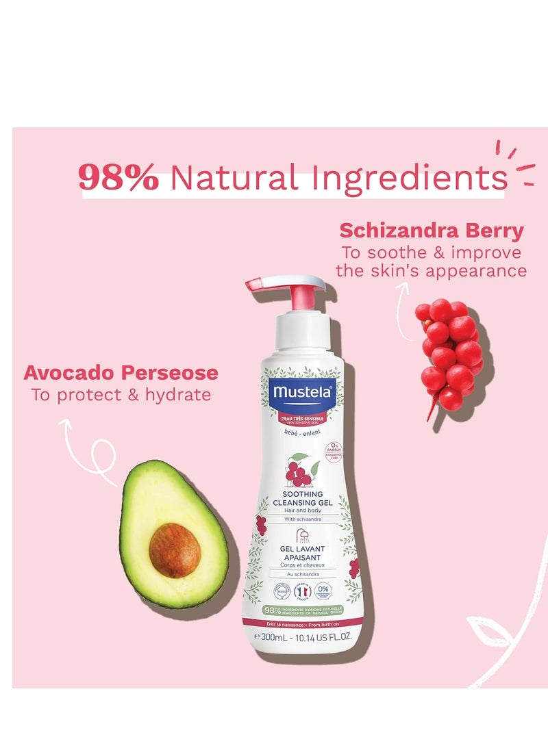 Mustela Baby Soothing Cleansing Gel - Fragrance-Free Hair & Body Wash for Very Sensitive Skin - with Natural Avocado Perseose & Schizandra Berry - 10.14 fl. oz.