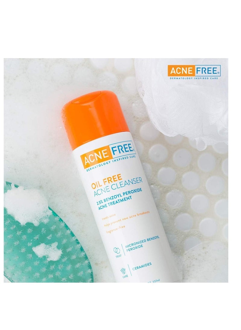 AcneFree Acne Free Oil-Free Cleanser, Benzoyl Peroxide 2.5% with Glycolic Acid to Prevent and Treat Breakouts Unscented, 8 Fl Oz