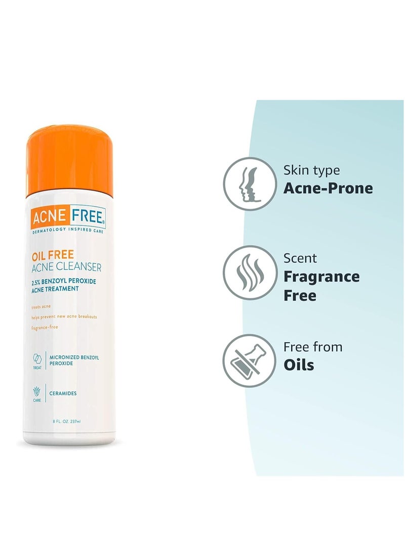 AcneFree Acne Free Oil-Free Cleanser, Benzoyl Peroxide 2.5% with Glycolic Acid to Prevent and Treat Breakouts Unscented, 8 Fl Oz