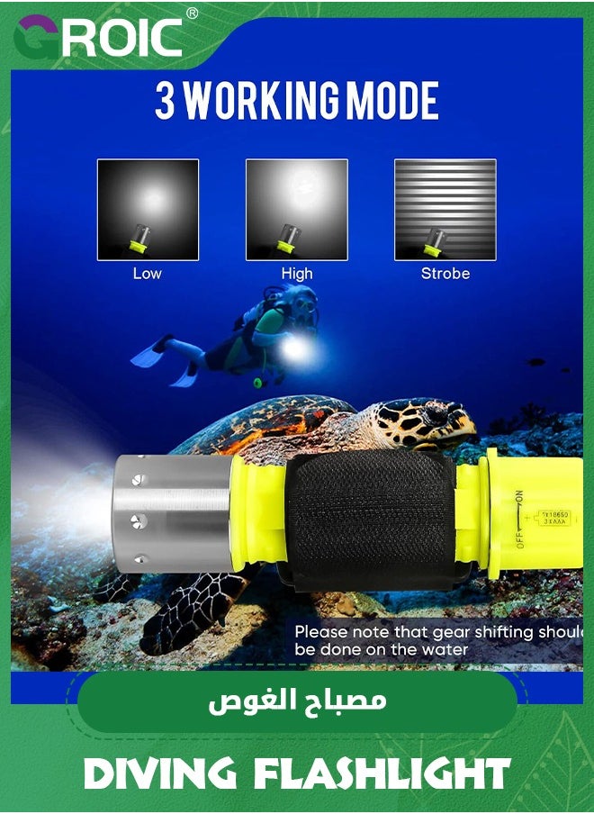 Dive Flashlight Scuba Diving Flashlight 5000LM, IP68 Waterproof Flashlight, 3 Modes Underwater Lights with Power Indicator, Snorkeling Light with Rechargeable Battery for Night Diving