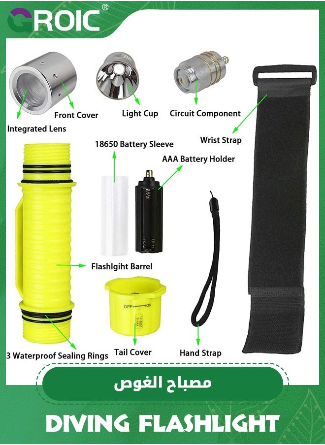 Dive Flashlight Scuba Diving Flashlight 5000LM, IP68 Waterproof Flashlight, 3 Modes Underwater Lights with Power Indicator, Snorkeling Light with Rechargeable Battery for Night Diving