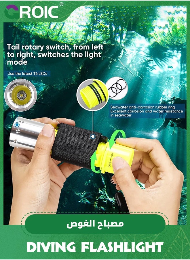 Dive Flashlight Scuba Diving Flashlight 5000LM, IP68 Waterproof Flashlight, 3 Modes Underwater Lights with Power Indicator, Snorkeling Light with Rechargeable Battery for Night Diving