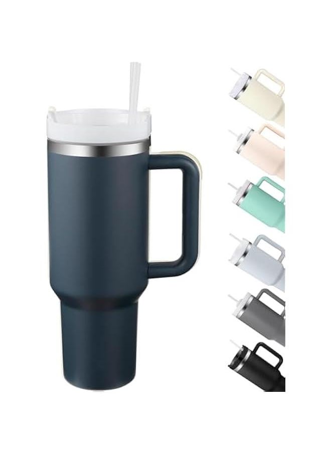40oz Tumbler with Handle and Straw Lid, Stainless Steel Vacuum Insulated Tumbler for Water Iced Tea of Coffee, Keeps Cold for 12 Hours or Hot for 6 Hours (Dark Blue)