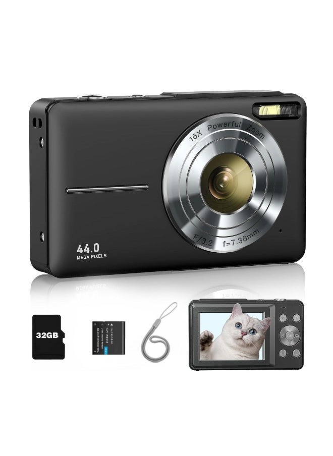 Digital Camera, FHD 1080P Kids Camera, 44MP Point and Shoot Digital Cameras with 32GB Memory Card and Two Batteries, 16X Zoom , Lanyard, Compact Size Camera, Gift for Boys/Girls (Black)