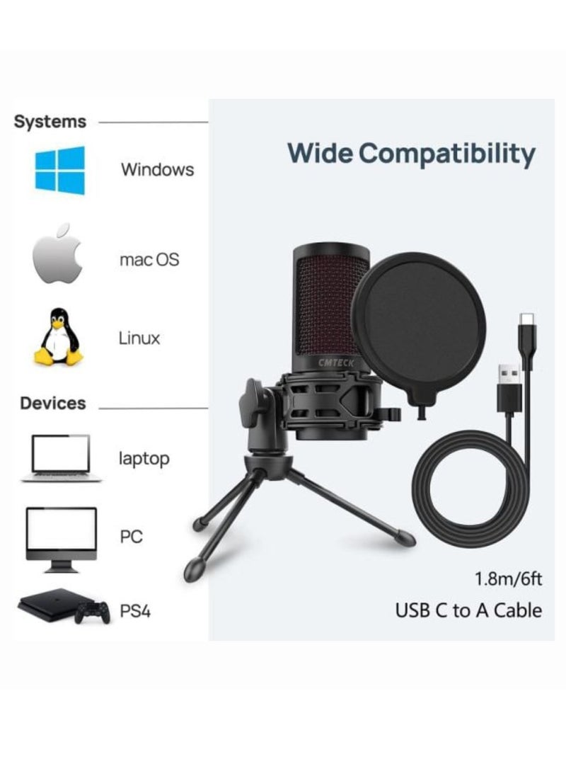 XM550 USB Podcast Microphone With Pop Filter And Mute Button CCS5.1 Smart Chip Noise-Canceling Technology Gaming Microphone USB PC Mic For Streaming Podcasts, Recording, Condenser Computer Desktop Mic Compatible With Mac OS X Windows PC PS4, PS5 And Computer With Cable 6 FT