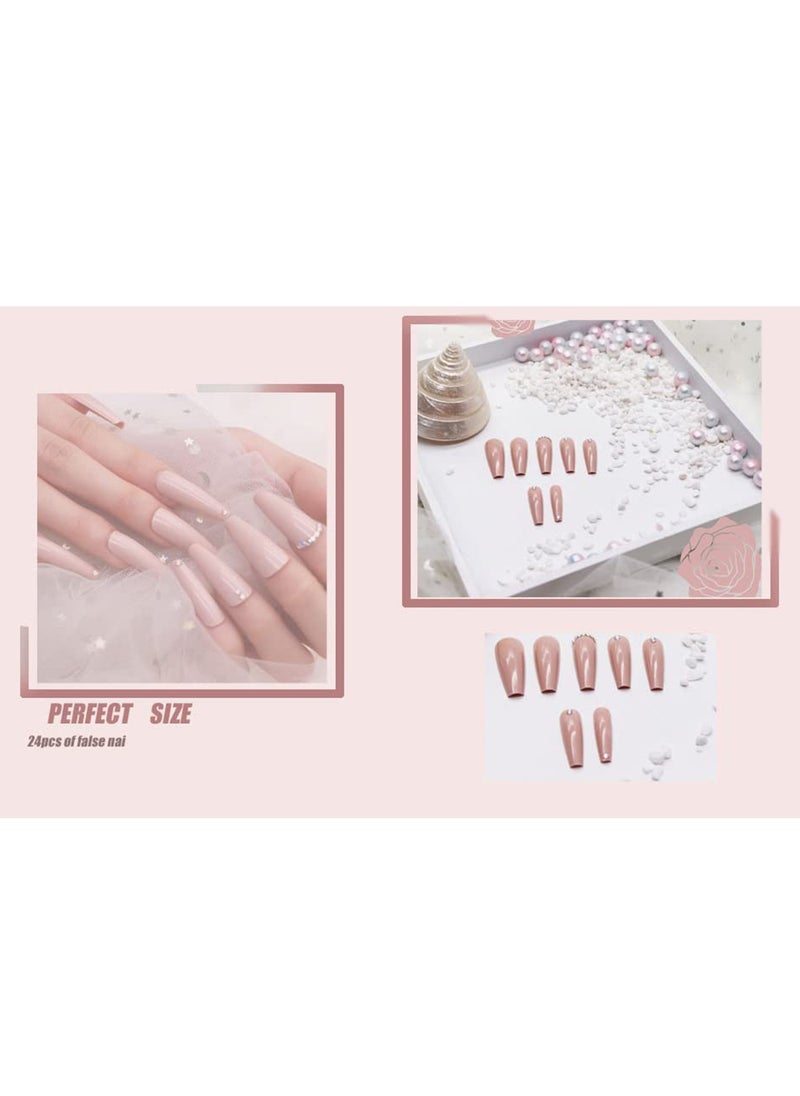 24pcs Extra Long Coffin Press-On Nails, Glossy Full Cover with Rhinestones, Artificial Nail Tips for Women and Girls in Pink