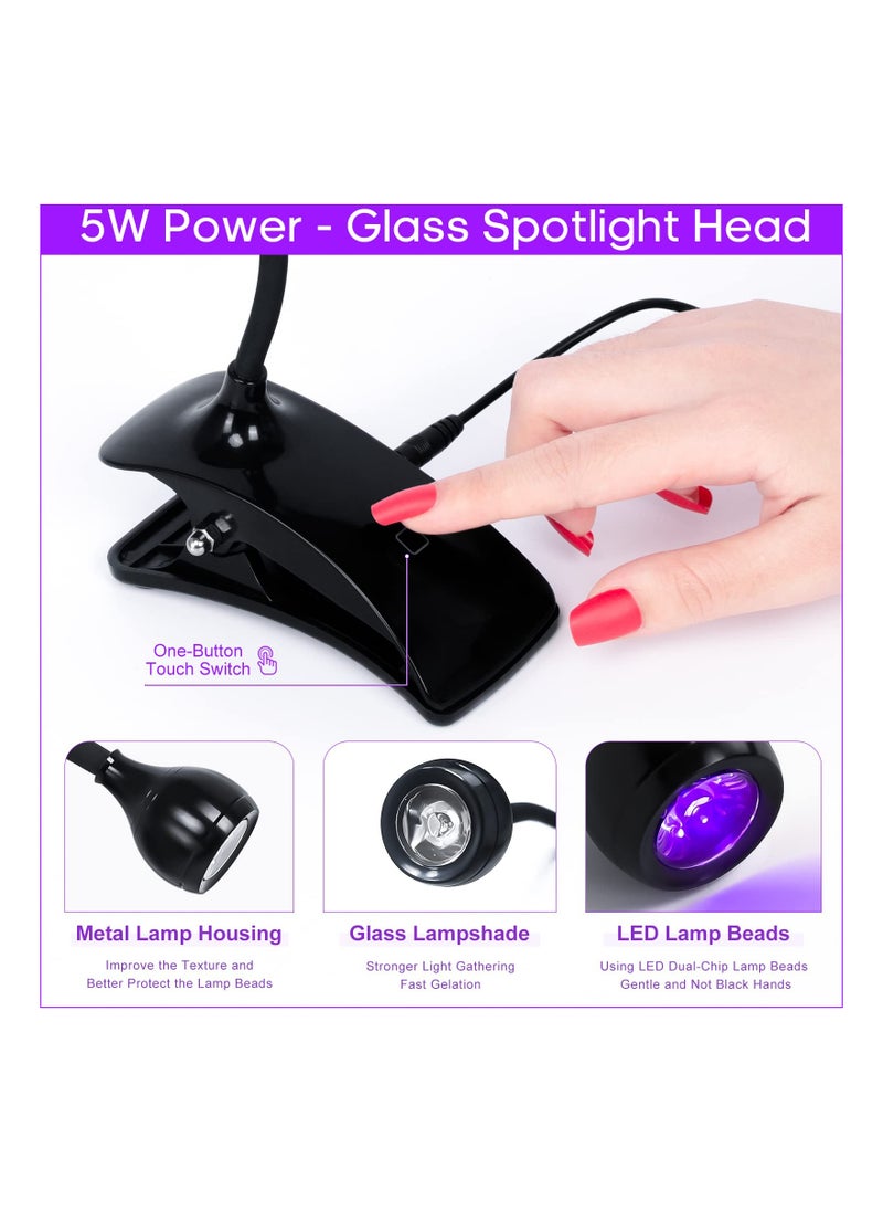 5W Quick Dry UV LED Nail Lamp - Professional Gooseneck Gel Nail Dryer with 10 Seconds Curing Time, Clip Design for Nail Art Tools (Black)