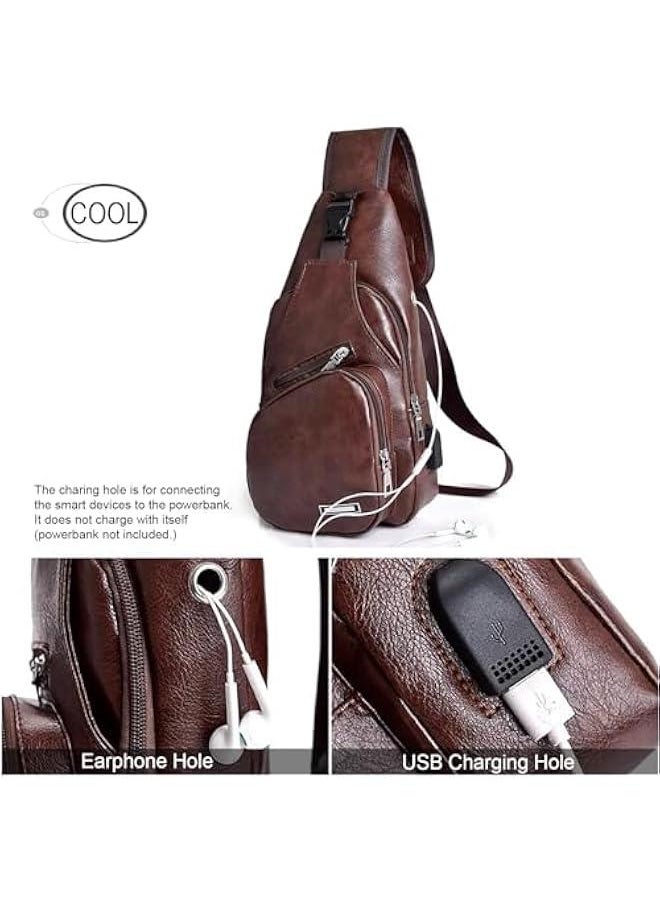 Leather Sling Bag Mens Crossbody Bag Chest Bag Sling Backpack for Men with USB Charge Port