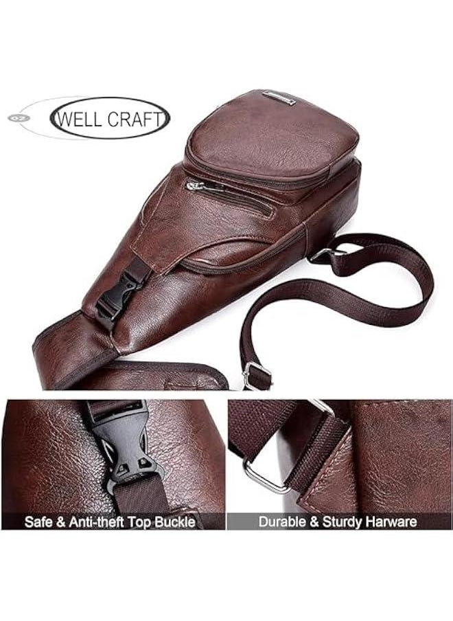 Leather Sling Bag Mens Crossbody Bag Chest Bag Sling Backpack for Men with USB Charge Port