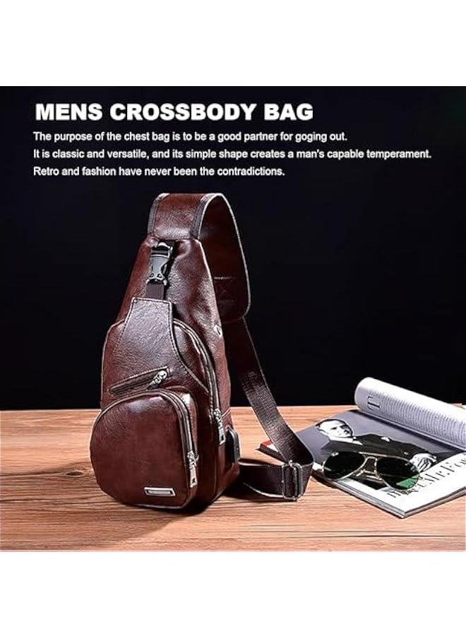 Leather Sling Bag Mens Crossbody Bag Chest Bag Sling Backpack for Men with USB Charge Port