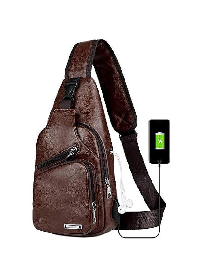 Leather Sling Bag Mens Crossbody Bag Chest Bag Sling Backpack for Men with USB Charge Port