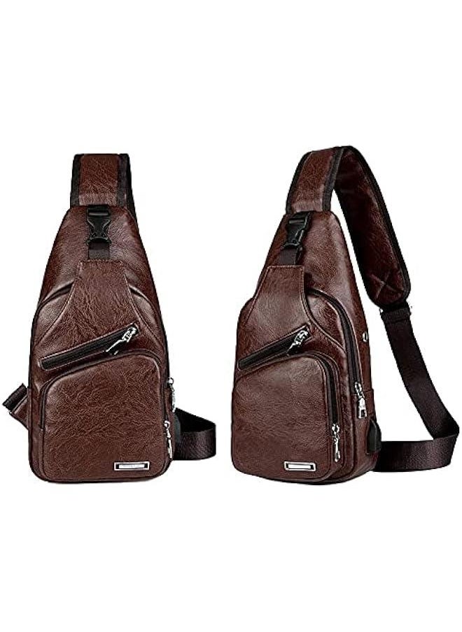 Leather Sling Bag Mens Crossbody Bag Chest Bag Sling Backpack for Men with USB Charge Port