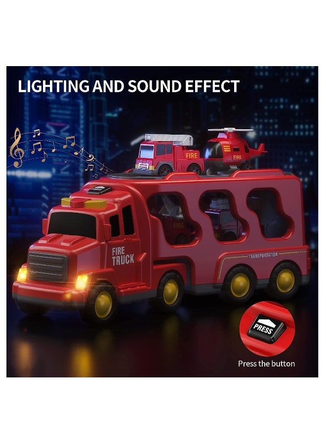 Fire Car Truck Toys for Kids, 5 in 1 Carrier Truck Transport Cars for Toddlers 1-9, Friction Power Vehicles, For Small Fireman Enthusiasts