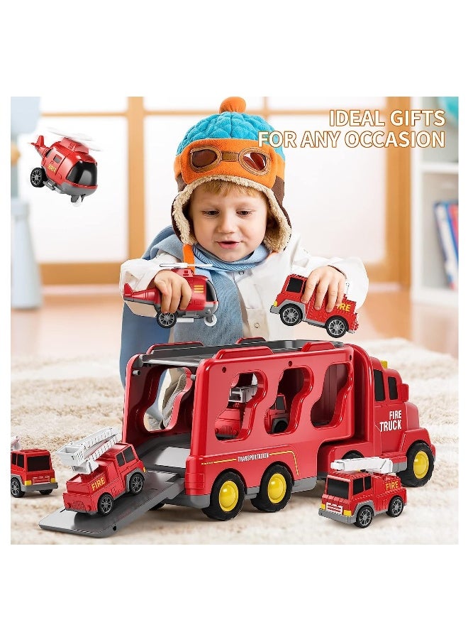 Fire Car Truck Toys for Kids, 5 in 1 Carrier Truck Transport Cars for Toddlers 1-9, Friction Power Vehicles, For Small Fireman Enthusiasts