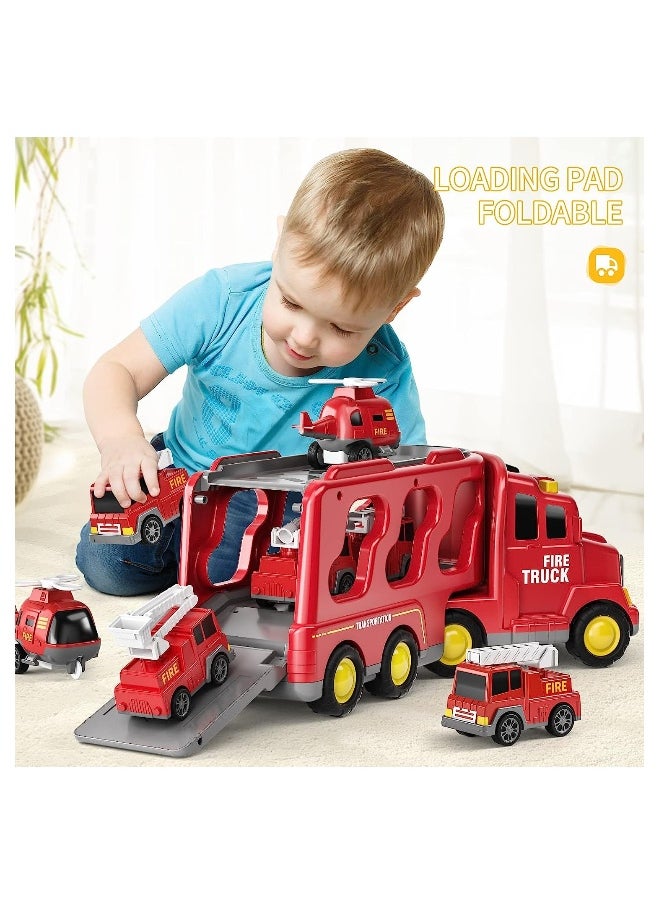 Fire Car Truck Toys for Kids, 5 in 1 Carrier Truck Transport Cars for Toddlers 1-9, Friction Power Vehicles, For Small Fireman Enthusiasts