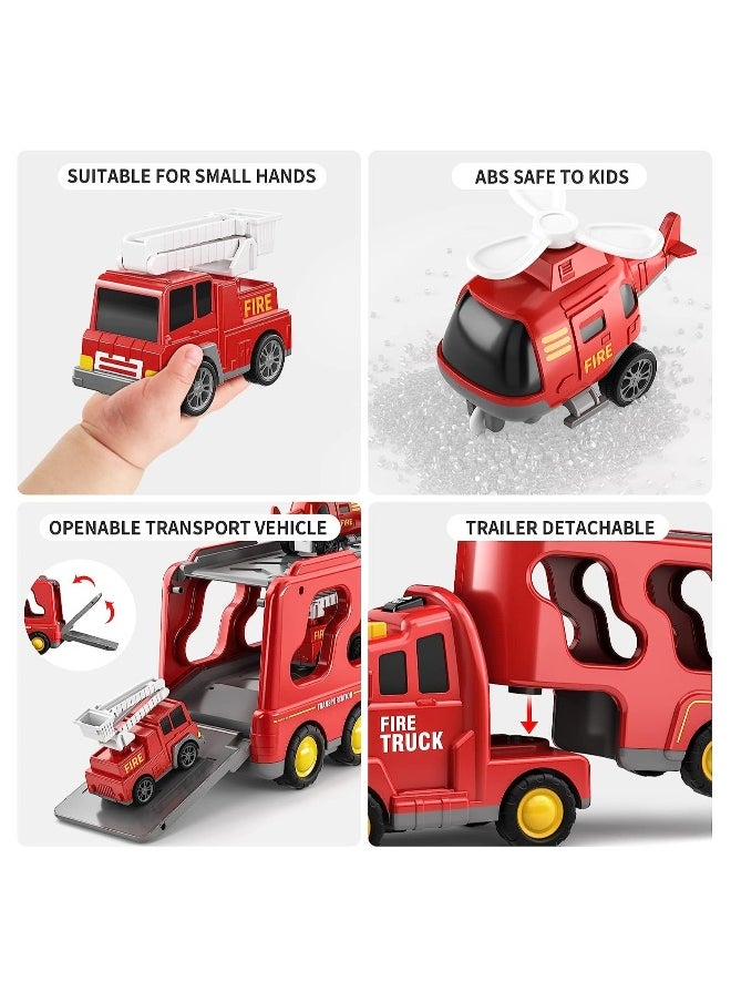 Fire Car Truck Toys for Kids, 5 in 1 Carrier Truck Transport Cars for Toddlers 1-9, Friction Power Vehicles, For Small Fireman Enthusiasts