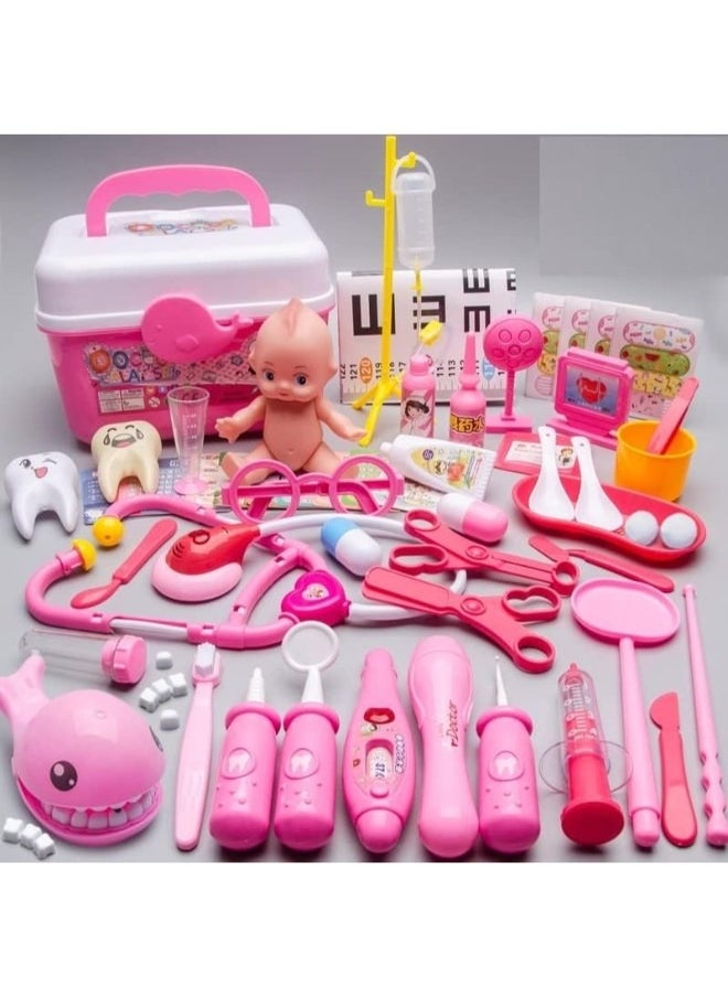 Medical Toy Kids Doctor Pretend Play Kit, Pretend to Play Set with Stethoscope for Kids Doctor Role Play Costume Dress Up (53 Pcs Pink)