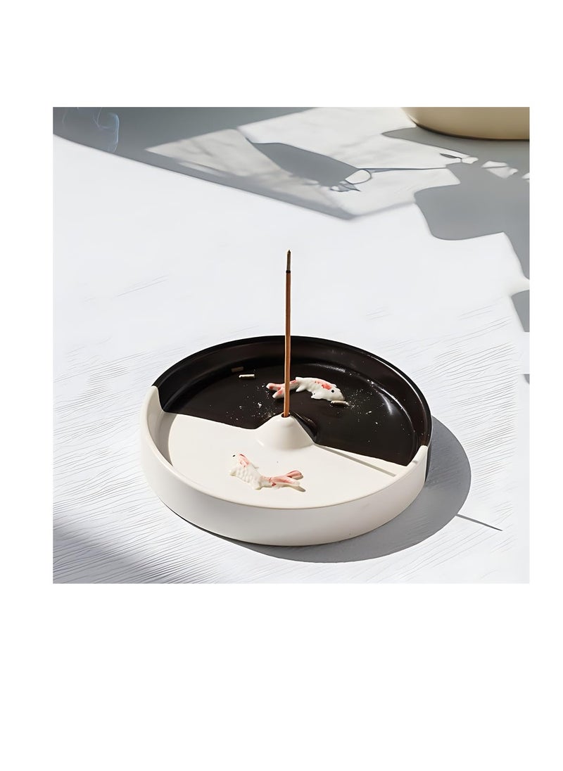 Incense Holder, Modern Minimalist Circular Incense Burner, Incense-Stick Holder for Cone or Stick, Incense Ceramic Ash Catcher, Handmade Incense Stick Burner, Black and White