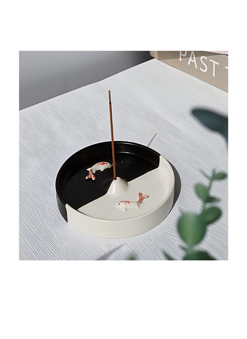 Incense Holder, Modern Minimalist Circular Incense Burner, Incense-Stick Holder for Cone or Stick, Incense Ceramic Ash Catcher, Handmade Incense Stick Burner, Black and White