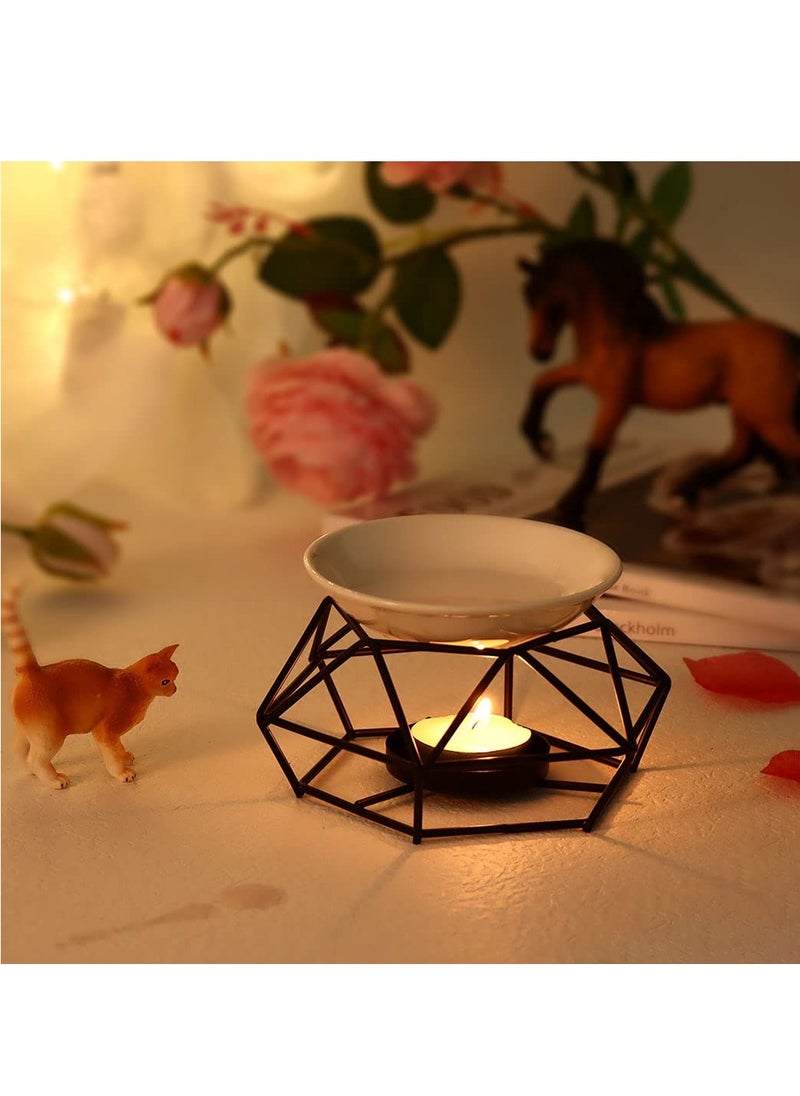 Delicate Romantic Ceramic Tealight Candle Holder Oil Burner, Essential Oil Incense Aroma Diffuser Furnace, Metal Wax Melt Burner for Fragrance Warmer DiffuserHome Decoration (Black)